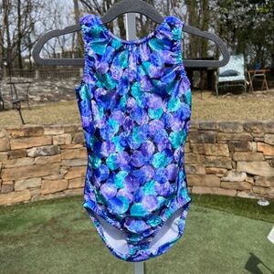 FlipFlop Leos Girls' Blue/Purple/Aqua Patterned Crushed Velvet Leotard